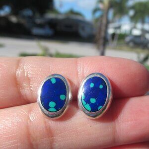 Solid Sterling Silver Azurite Southwest Oval Pierced Stud Earrings 0.50" H